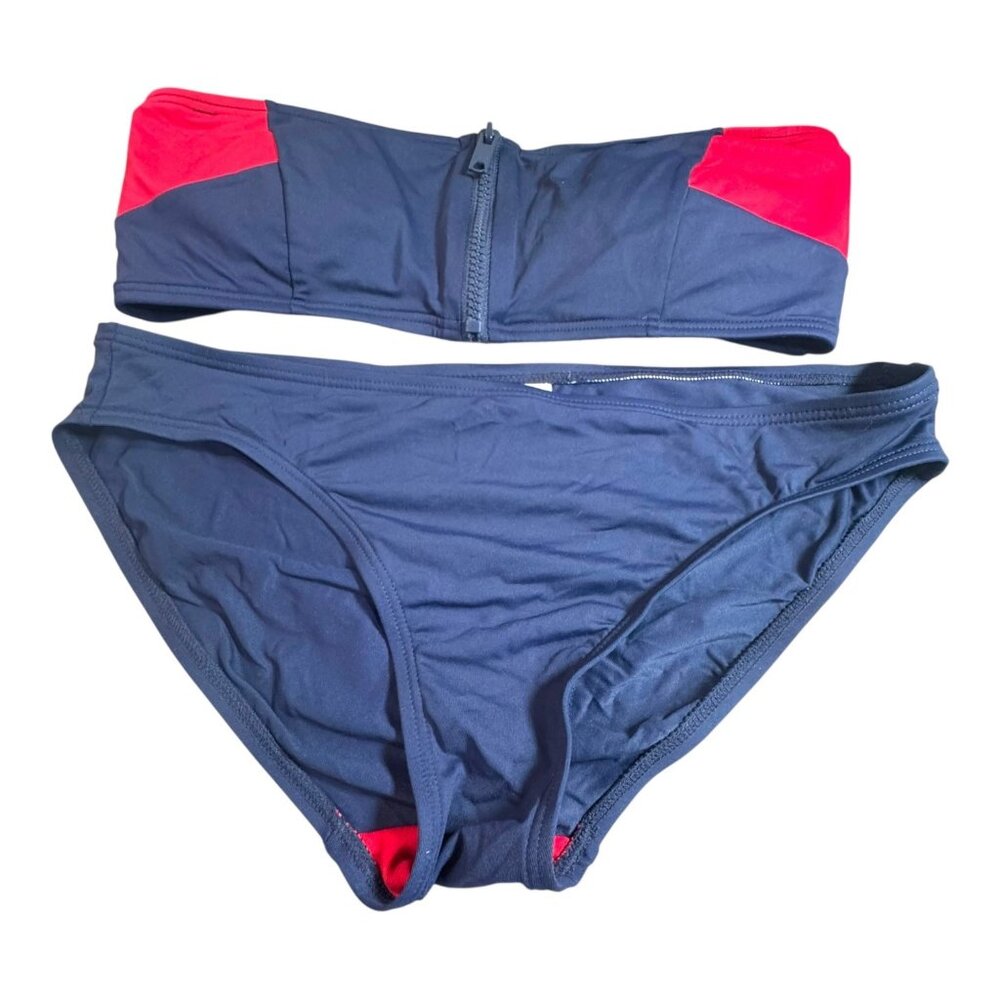 Dkny Colorblock Chic Swimsuit Bandeau Bikini Two Piece Navy Blue Red Bikini